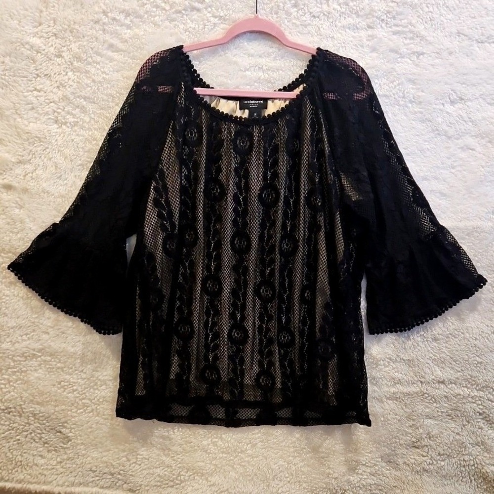 Liz Claiborne Blouse 1X Black Lace Trumpet Sleeve Dark Fairy Career Top 644